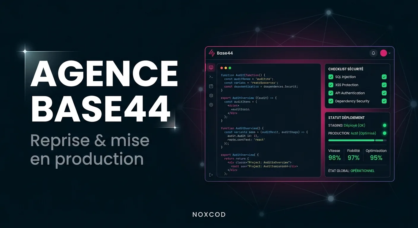 Tableau de reprise Base44 par Noxcod avec audit code, checklist sécurité, intégration Stripe et déploiement production.
