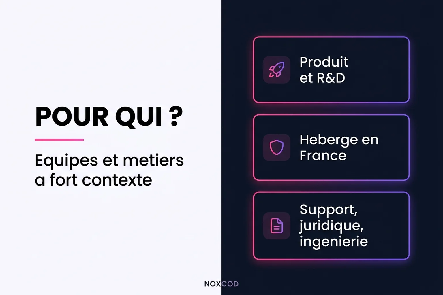 Pour qui : équipes produit et R&D, hébergement France, métiers à fort contexte.