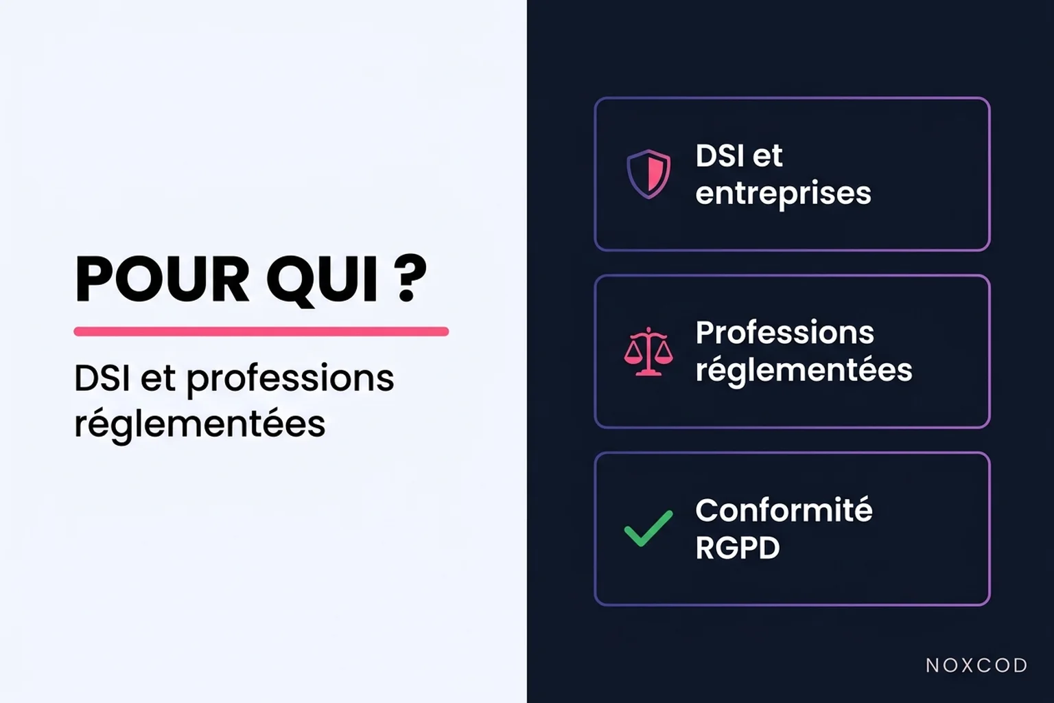 Pour qui : DSI, professions réglementées, conformité RGPD.
