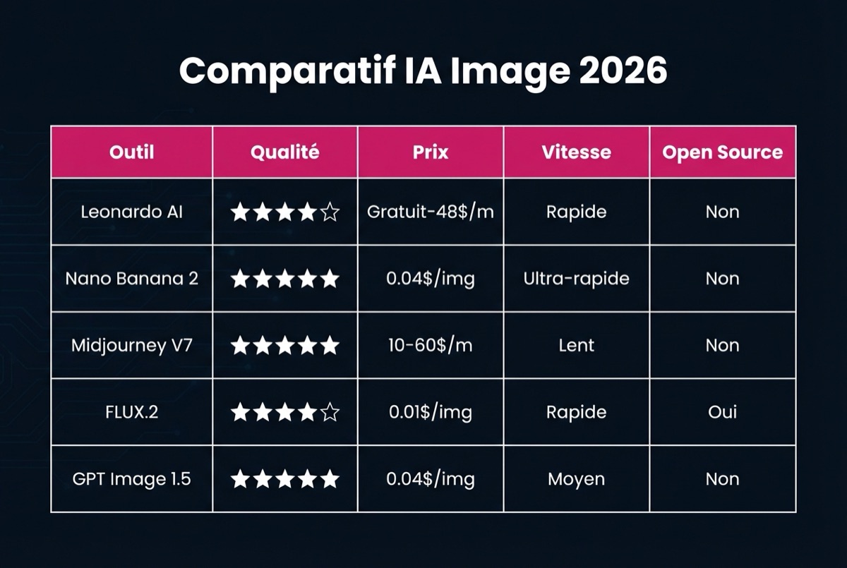 Comparatif IA Image 2026 — Leonardo AI vs Nano Banana vs Midjourney vs FLUX