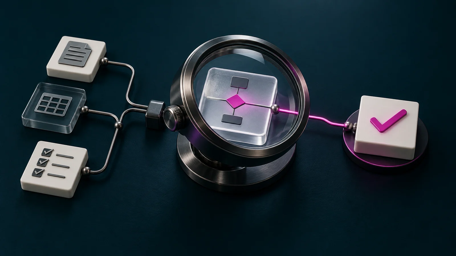 Des documents métier reliés à une loupe qui analyse un processus et fait émerger un premier test validé