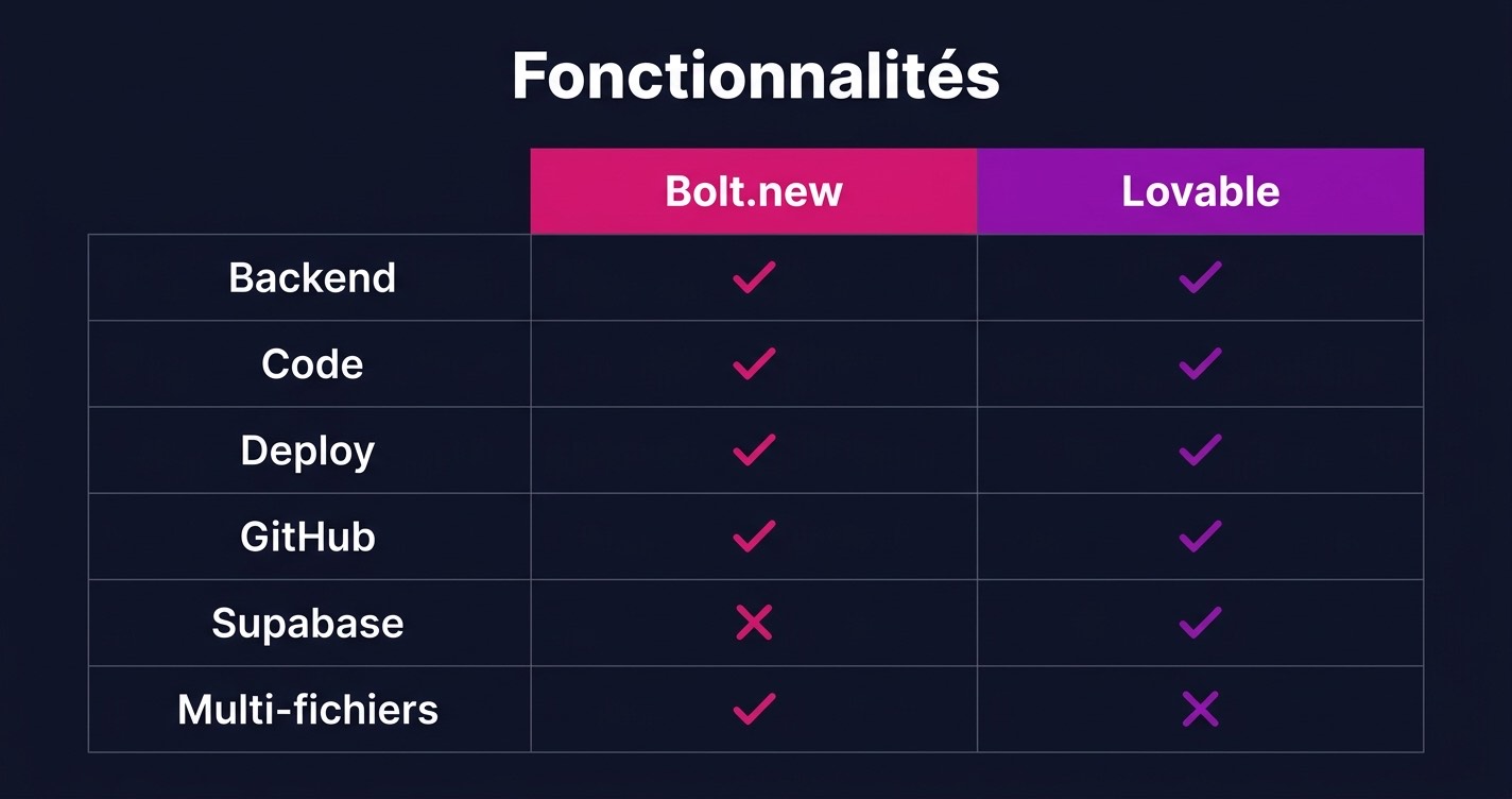 Fonctionnalités Bolt vs Lovable 2026
