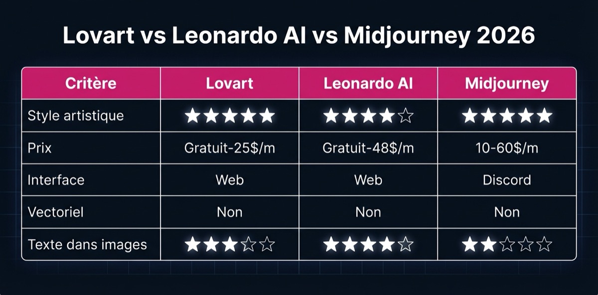 Comparatif Lovart vs Leonardo AI vs Midjourney 2026