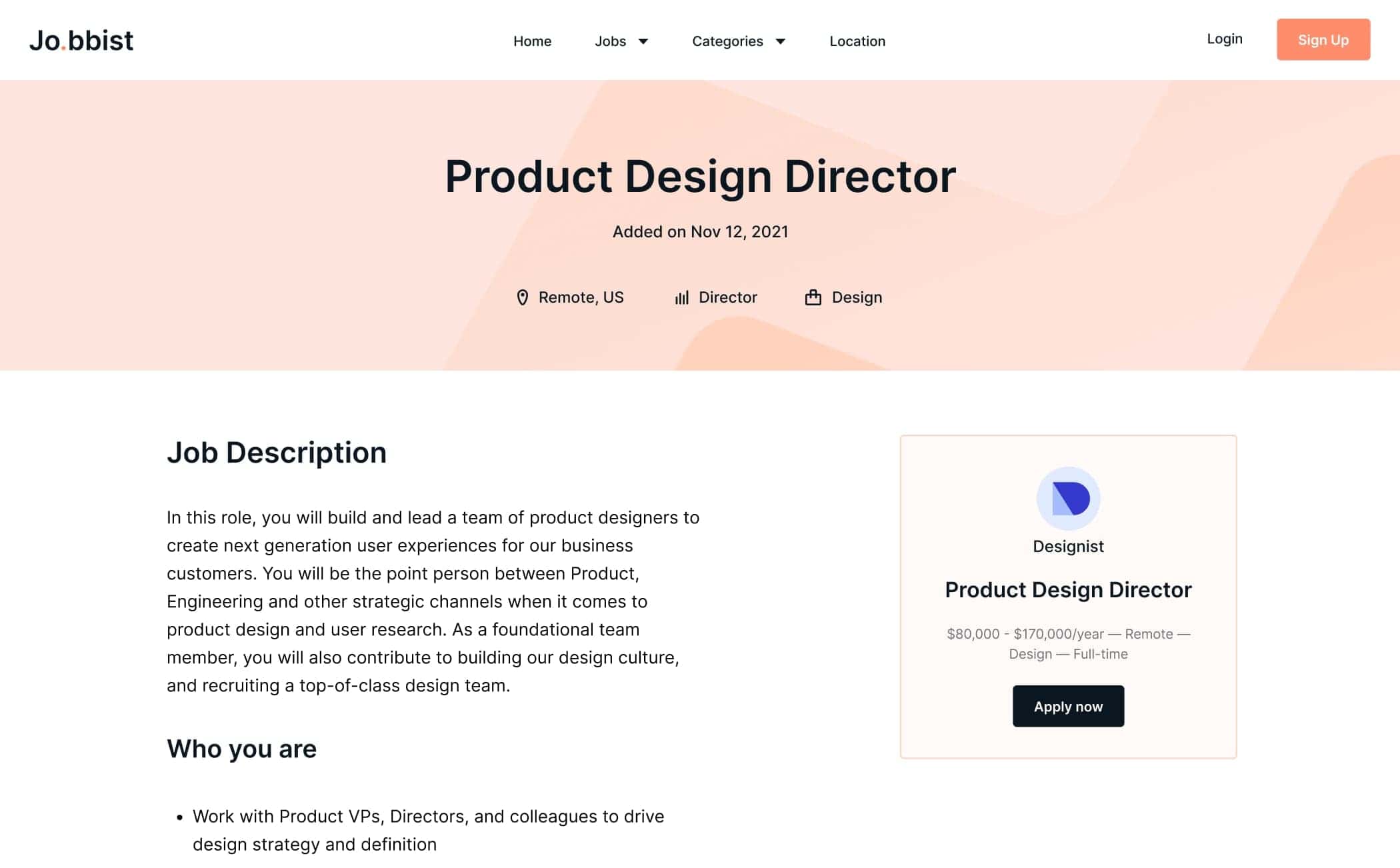 Sample website showing content for a single job listing and a page title of Product Design Director