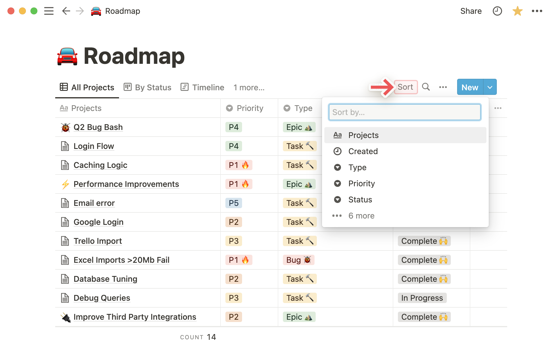 Notion Database and wiki : table with a roadmap