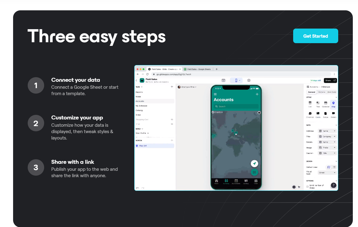 Glide 3 step of using No code tools : connect your data, customize your app, share with a link